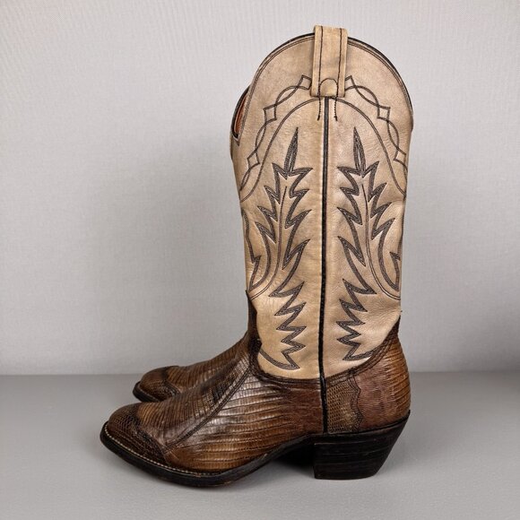 Nocona Boots Mens 8 D Brown/Beige Cowboy Western Leather Lizard Pull On Mid Calf - Picture 3 of 13